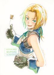  1boy belt blue_vest blue_wrist_cuffs brown_belt coin coin_flip collared_shirt commentary cropped_torso cropped_vest dated fang final_fantasy final_fantasy_ix gloves gold_coin green_eyes green_ribbon grey_gloves hair_ribbon hand_on_own_hip highres looking_at_viewer low_ponytail main_deliten male_focus neck_ribbon open_mouth painting_(medium) parted_bangs ponytail ribbon shirt sleeveless sleeveless_shirt smile solo traditional_media twitter_username untranslatable_commentary upper_body vest watercolor_(medium) white_background white_shirt wrist_cuffs zidane_tribal 