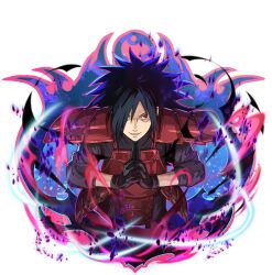  1boy armor black_hair black_shirt breastplate japanese_armor long_hair looking_at_viewer naruto_(series) naruto_shippuuden:_ultimate_ninja_blazing official_art pauldrons red_eyes sharingan shirt shoulder_armor solo uchiha_madara upper_body 