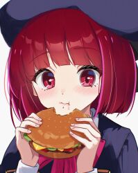  1girl arima_kana black_hat blush burger closed_mouth commentary danraz0r eating fingernails food hands_up hat highres holding holding_burger holding_food looking_at_food medium_hair oshi_no_ko portrait red_eyes red_hair simple_background solo white_background 