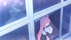  1girl absurdres ahoge bird black_gloves black_skirt blue_archive blue_eyes chair classroom clouds collared_shirt commentary_request copyright_name desk elbow_on_table fingerless_gloves from_above from_outside gloves hair_between_eyes halo head_rest heterochromia highres hoshino_(blue_archive) huge_ahoge hukahire0120 long_hair long_sleeves looking_at_viewer looking_to_the_side official_art orange_eyes parted_lips pink_hair pink_halo plaid_clothes plaid_skirt reflection school_chair school_desk shirt skirt solo very_long_hair white_bird white_shirt window 