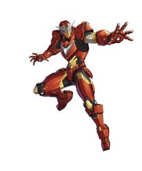  1boy armor commentary english_commentary full_body helmet highres iron_man iron_man_(series) marvel marvel_tokon:_fighting_souls mask multicolored_armor official_art outstretched_arms power_armor red_armor simple_background solo superhero_costume third-party_source yellow_armor 
