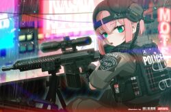  1girl backwards_hat baseball_cap black_gloves black_hat blurry blurry_background depth_of_field ear_protection gloves green_eyes grey_pants grey_shirt gun hair_between_eyes hat highres holding holding_gun holding_weapon iwasawayuki neon_lights original pants pink_hair scope shirt short_sleeves sitting solo weapon weapon_request 