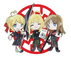  3girls 8chan :3 \||/ ^_^ ahoge anders_breivik animification ankle_boots ankle_socks arm_at_side baggy_pants bare_arms black_boots black_jacket black_pants black_shirt black_shoes black_skirt black_sun_(symbol) blonde_hair blue_eyes bob_cut boots bow bowtie braid braided_bun brenton_tarrant brown_hair bulletproof_vest chibi chibi_only closed_eyes closed_mouth clothes_writing collared_shirt commentary dot_nose english_commentary english_text facing_viewer fingerless_gloves flag frown full_body genderswap genderswap_(mtf) gloves green_gloves green_pants green_shirt gun hair_between_eyes hair_bow hair_bun heart heart_ahoge holding holding_flag holding_gun holding_paper holding_weapon huge_ahoge jacket loafers long_sleeves looking_at_viewer medium_hair miniskirt multiple_girls natalie_rupnow nazi no_pupils ok_sign outstretched_arm pants paper pleated_skirt pocket real_life red_background red_bow red_bowtie shirt shoes short_hair side-by-side sidelocks simple_background single_hair_bun skirt smile socks sorcs1 standing straight_hair sun tareme trait_connection true_crime turtleneck turtleneck_shirt wavy_sidelocks weapon white_background white_shirt white_socks 