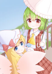  2girls ascot blue_eyes collared_shirt commentary_request fairy green_hair highres kazami_yuuka lily_white long_hair looking_at_viewer medium_hair multiple_girls red_eyes shirt toriki_fukuro touhou white_shirt yellow_ascot 