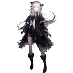  1girl animal_ears arknights black_coat black_dress black_gloves black_shoes blood blood_on_clothes blood_on_face boots breasts coat dress full_body gloves grey_eyes grey_hair grin hair_ornament hairclip huanxiang_heitu lappland_(arknights) lappland_(refined_horrormare)_(arknights) long_hair long_sleeves looking_at_viewer material_growth official_alternate_costume official_art open_clothes open_coat oripathy_lesion_(arknights) parted_lips scar scar_across_eye scar_on_face sharp_teeth shoes short_dress smile solo standing tail teeth third-party_source transparent_background white_hair wolf_ears wolf_girl wolf_tail 