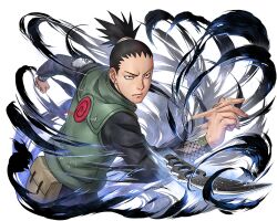  1boy black_hair black_shirt clenched_hand flak_jacket jacket knife looking_at_viewer nara_shikamaru naruto_(series) naruto_shippuuden:_ultimate_ninja_blazing official_art shirt solo upper_body 
