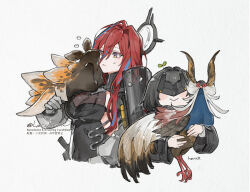  2girls arknights arknights:_endfield black_coat black_hair coat commentary_request ember_(arknights) endministrator_(arknights) eye_mask female_endministrator_(arknights) gloves grey_background grey_gloves halo herayoshi holding leotard long_hair mask multicolored_eyes multicolored_hair multiple_girls red_hair short_hair simple_background streaked_hair two-tone_eyes upper_body watermark 