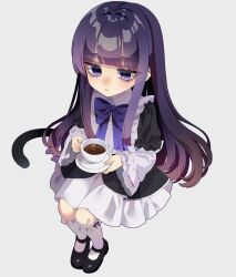  1girl black_dress black_shoes bow bowtie cat_tail closed_mouth cup dress expressionless frederica_bernkastel frilled_sleeves frilled_socks frills full_body hair_intakes hashtag-only_commentary highres hime_cut holding holding_cup holding_plate kneehighs lolita_fashion long_hair mary_janes plate purple_bow purple_bowtie purple_hair r_xo shoes simple_background sitting socks solo tail teacup umineko_no_naku_koro_ni violet_eyes white_background white_socks 
