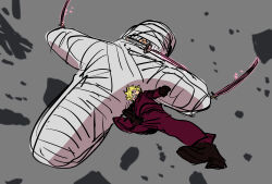  2boys absurdres attack black_gloves blonde_hair carrying carrying_person commentary_request full_body gloves hair_over_one_eye highres holding holding_sword holding_weapon katsumi_ishizuka male_focus multiple_boys one_piece open_mouth roronoa_zoro sanji_(one_piece) short_hair suit sword weapon weapon_in_mouth 