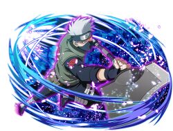  1boy black_gloves black_jacket black_mask black_pants fingerless_gloves flak_jacket forehead_protector gloves green_jacket grey_hair hatake_kakashi heterochromia holding holding_weapon jacket konohagakure_shinobi_uniform looking_at_viewer mask mouth_mask naruto_(series) naruto_shippuuden naruto_shippuuden:_ultimate_ninja_blazing official_art pants red_eyes sharingan short_hair solo weapon 