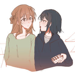  2girls black_hair black_hoodie blush braid brown_eyes brown_hair chocolate commentary drawstring eye_contact green_shirt half_up_braid highres hood hoodie long_hair looking_at_another miyagi_shiori mouth_hold multiple_girls oki_jerry_dori sendai_hazuki shirt short_hair shuuniichido_classmate_wo_kau_hanashi simple_background untranslatable_commentary white_background yuri 