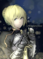  1girl armor artoria_pendragon_(fate) blonde_hair braid braided_bun bun_with_braided_base closed_mouth commentary english_commentary english_text excalibur_(fate/stay_night) fate/stay_night fate_(series) gauntlets green_eyes hair_bun highres night outdoors ryopie saber_(fate) short_hair solo upper_body 