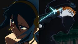  1boy 1girl black_hair black_hat bleach blood blood_on_face blue_eyes cosplay earrings finger_on_trigger floppydisk7000 goggles goggles_on_head gold_earrings gun hairband handgun hat highres holding holding_gun holding_weapon jewelry kuchiki_rukia kurosaki_ichigo mask mouth_mask orange_eyes orange_hair parody split_screen spy_x_family style_parody third-party_source twilight_(spy_x_family) twilight_(spy_x_family)_(cosplay) weapon yellow_hairband yor_briar yor_briar_(cosplay) 