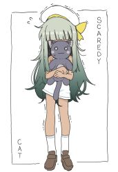  1girl absurdres animal beret black_cat brown_shoes cat commentary dark-skinned_female dark_skin dress english_text flying_sweatdrops full_body green_hair hat highres holding holding_animal holding_cat long_hair orenjipiiru original ribbon scared shoes short_dress simple_background sleeveless sleeveless_dress socks solo standing trembling very_long_hair white_background white_dress white_hat white_socks yellow_ribbon 