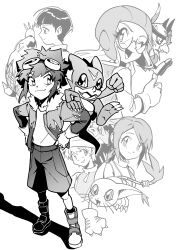  2girls 3boys absurdres armadimon digimon digimon_(creature) digimon_adventure_02 dragon flame_print full_body greyscale hawkmon hida_iori highres inoue_miyako jacket long_hair monochrome motomiya_daisuke multiple_boys multiple_girls oh_sorry_01 patamon print_jacket short_hair tailmon takaishi_takeru v-mon yagami_hikari 
