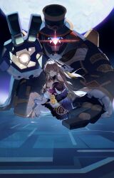  2girls absurdres aiming aiming_at_viewer bare_shoulders black_collar black_dress black_hair blue_eyes bonnet brown_hair carrying carrying_person closed_eyes closed_mouth collar columbina_(genshin_impact) commentary_request detached_collar detached_sleeves dress eye_mask floating_hair frilled_dress frilled_sleeves frills full_moon gem genshin_impact gloves hat head_wings highres long_hair long_sleeves looking_at_viewer mask moon multicolored_hair multiple_girls nico_(nicorkgk) pantyhose pulonia_(genshin_impact) purple_hair red_gem robot sandrone_(genshin_impact) strapless strapless_dress thigh_strap top_hat watermark white_dress white_gloves white_pantyhose winding_key wings 