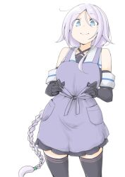  1girl akara_kai apron black_gloves black_serafuku blue_eyes blue_neckerchief blush braid breasts elbow_gloves gloves grey_apron grey_hair hair_flaps hair_tie highres kantai_collection long_hair looking_at_viewer mole mole_under_eye neckerchief parted_bangs school_uniform serafuku shirt single_braid skirt sleeveless sleeveless_shirt smile solo umikaze_(kancolle) very_long_hair 