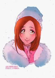  1girl beanie bleach commentary english_commentary film_grain fur_trim hat highres inoue_orihime lips orange_eyes orange_hair portrait smile solo tumblr_username umbra_(edits_umbra) white_hat 