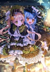  2girls :d black_capelet black_flower black_hat black_rose blonde_hair blue_hair blunt_bangs blurry blurry_background broom broom_riding capelet commentary_request dress flower flying frilled_dress frills green_bonnet green_dress green_eyes green_shoes hair_flower hair_ornament hat highres lolita_fashion long_hair long_sleeves looking_at_viewer magical_girl mahou_shoujo_no_majo_saiban multiple_girls night open_mouth outdoors rose shoes short_hair sitting smile star_(symbol) sugisaki_yuu tachibana_sherry tono_hanna twintails very_long_hair yellow_eyes 