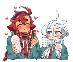  2girls absurdres ahoge be_go_ichi black_hairband blush closed_eyes closed_mouth commentary_request cup disposable_cup green_jacket grey_eyes gundam gundam_suisei_no_majo gundam_suisei_no_majo:_seishun_frontier hairband heart highres holding holding_cup jacket looking_at_another miorine_rembran multiple_girls necktie plaid_clothes plaid_scarf red_necktie red_scarf scarf simple_background smile suletta_mercury thick_eyebrows upper_body white_background white_hair white_scarf 