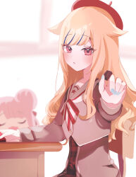  1girl absurdres beret black_hair blue_hair bow bowtie chair chocolate desk food green_nails grey_shirt grey_vest hair_flaps hat highres himehina_channel holding holding_food iroiro3dayo long_hair long_sleeves looking_at_viewer multicolored_hair nail_polish on_chair pink_eyes red_bow red_bowtie red_hat shirt sitting solo streaked_hair striped_bow striped_bowtie striped_clothes suzuki_hina vest white_bow white_bowtie 