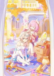  1boy 1girl aged_down bare_shoulders bow bowtie chinese_commentary coat commentary_request cosplay crossdressing crossdressing_(mtf) cyrene_(honkai:_star_rail) cyrene_(philia093)_(honkai:_star_rail) detached_sleeves doll dress embarrassed highres hino_satoshi honkai:_star_rail honkai_(series) honkai_impact_3rd indian_style jar jewelry kevin_kaslana kevin_kaslana_(cosplay) lavita42 mirror multicolored_hair necklace phainon_(honkai:_star_rail) pink_bow pink_bowtie pink_hair purple_coat short_hair sitting sword thigh-highs two-tone_hair weapon white_dress white_hair white_thighhighs wooden_sword 