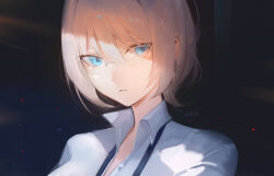  0bsessi0n 1girl alva_(girls'_frontline_2) an-94_(antje)_(girls'_frontline) an-94_(girls'_frontline) black_background blonde_hair blue_eyes blue_shirt collared_shirt commentary girls'_frontline_2:_exilium girls_frontline glasses highres lanyard looking_at_viewer official_alternate_costume parted_lips portrait shirt smile solo 