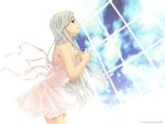  1girl bare_shoulders bent_over cloud highres lingerie long_hair negligee open_mouth original profile ribbon silver_hair sky solo syrup takigawa_yuu underwear wallpaper window 