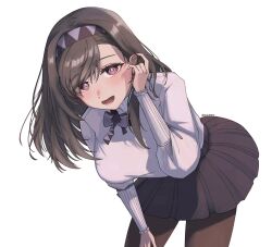  1girl arknights bent_over black_bow black_hair black_pantyhose black_skirt bow breasts commentary_request diamond-shaped_pupils diamond_(shape) grey_background hair_behind_ear hairband highres large_breasts long_hair long_sleeves looking_at_viewer mukipero open_mouth pantyhose pleated_skirt priestess_(arknights) simple_background skirt solo sweater symbol-shaped_pupils turtleneck turtleneck_sweater violet_eyes white_sweater 