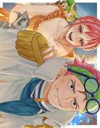  +++ 2boys 2girls blonde_hair blush closed_mouth coat commentary_request dress epaulettes eyewear_on_head floral_print flying_sweatdrops fuji_1w green_hat green_headband hand_on_another's_shoulder hat headband high_collar highres holding holding_newspaper koby_(one_piece) leo_(one_piece) mansherry mini_person multiple_boys multiple_girls newspaper notice_lines one_piece open_mouth pink_eyes pink_hair rebecca_(one_piece) scar scar_on_face sidelocks smile sweatdrop white_coat 