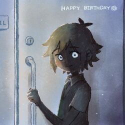  1boy basil_(faraway)_(omori) basil_(omori) blonde_hair blue_eyes closed_mouth collared_shirt commentary door double-parted_bangs green_sweater_vest hair_between_eyes happy_birthday hashtag-only_commentary looking_at_viewer male_focus omori shirt short_hair short_sleeves smile solo sun_iiinu sweater_vest upper_body white_shirt 