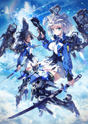  2girls black_hair black_thighhighs blue_eyes blue_jacket blue_sky character_request closed_mouth clouds collared_shirt commentary_request day dress_shirt dual_wielding grey_hair gun hand_up handgun hayakawa_harui highres holding holding_gun holding_sword holding_weapon jacket katana long_sleeves mecha_musume multiple_girls official_art open_clothes open_jacket outdoors pleated_skirt puffy_long_sleeves puffy_sleeves red_eyes shirt skirt sky smile sword thigh-highs v-shaped_eyebrows valkyrie_impulse weapon weapon_request white_shirt white_skirt 