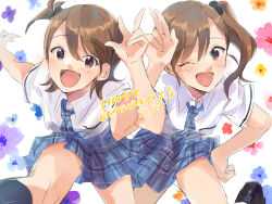  2girls :d blue_necktie blue_skirt brown_eyes brown_hair collared_shirt dated dress_shirt futami_ami futami_mami happy_birthday highres idolmaster idolmaster_(classic) kuzuya_ramurin looking_at_viewer miniskirt multiple_girls necktie official_alternate_costume one_eye_closed open_mouth plaid_clothes plaid_necktie plaid_skirt rough_time_school_(idolmaster) shirt short_hair short_sleeves siblings side_ponytail sisters skirt smile twins white_shirt 