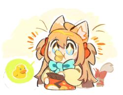  +_+ 1girl :t ahchive_be ahoge animal_ear_fluff animal_ears aqua_bow aqua_bowtie bag_of_chips blue_eyes blush border bow bowtie brown_hair cardigan cat_ears cat_girl cat_tail chips_(food) commentary_request cropped_torso double-parted_bangs eating food food_in_mouth hair_between_eyes hair_ribbon jaggy_lines long_hair long_sleeves neuro-sama notice_lines potato_chips red_ribbon ribbon rubber_duck solo speech_bubble tail tail_bow tail_ornament two_side_up vedal_ai virtual_youtuber white_border wide-eyed yellow_background yellow_cardigan 