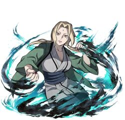  1girl blonde_hair brown_eyes facial_mark forehead_mark green_haori grey_kimono haori japanese_clothes kimono long_hair looking_at_viewer naruto_(series) naruto_shippuuden:_ultimate_ninja_blazing official_art open_clothes red_nails solo tsunade_(naruto) upper_body 