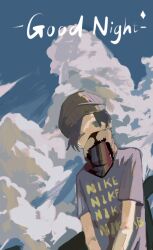  1boy alternate_eye_color animification backlighting bare_arms beanie black_hair blue_eyes blue_shirt blue_sky cat_mask chinese_commentary clothes_writing clouds commentary_request covered_mouth cumulonimbus_cloud day english_text from_below grey_hat hat highres looking_at_viewer male_focus mask mouth_mask no_pupils one_eye_closed outdoors real_life shirt short_hair short_sleeves shuaiby simple_background sky solo t-shirt upper_body v_arms very_short_hair wumingshi44384 