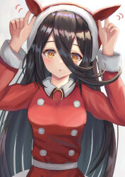  1girl animal_ears black_hair blush commentary_request dress ear_covers fur-trimmed_dress fur-trimmed_headwear fur_trim hair_between_eyes hat horse_ears horse_girl long_bangs long_hair long_hair_between_eyes long_sleeves looking_at_viewer manhattan_cafe_(umamusume) parted_lips red_dress red_hat santa_costume santa_dress santa_hat simple_background solo thurumu umamusume very_long_hair yellow_eyes 