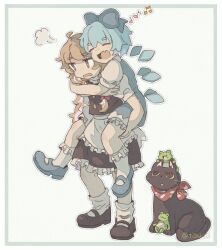  2girls :d =_= ahoge animal apron beamed_eighth_notes black_shoes black_skirt black_vest blonde_hair blue_bow blue_dress blue_shoes bow carrying carrying_person cat chigu cirno commentary_request detached_wings dress eighth_note fang frog hair_bow highres kirisame_marisa long_hair mary_janes multiple_girls musical_note open_mouth piggyback puff_of_air puffy_short_sleeves puffy_sleeves quarter_note red_bow shirt shoes short_hair short_sleeves skin_fang skirt smile socks touhou twitter_username vest waist_apron white_apron white_shirt white_socks wings 