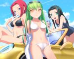  black_hair blue_eyes c.c. car cc code_geass green_eyes green_hair kallen_stadtfeld left-hand_drive long_hair motor_vehicle name_tag one-piece_swimsuit red_hair school_swimsuit short_hair side-tie_bikini sumeragi_kaguya swimsuit uni vehicle yellow_eyes 