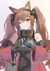  1girl absurdres angelina_(arknights) animal_ear_fluff animal_ears arknights arknights:_endfield bare_shoulders black_gloves bracelet brown_hair coat commentary diamond-shaped_pupils diamond_(shape) dress elbow_gloves fox_ears fox_girl gilberta_(arknights) gloves grey_dress hair_between_eyes headpiece heart heart_hands high_collar highres infection_monitor_(arknights) jewelry long_hair long_sleeves looking_at_viewer one_eye_closed open_clothes open_coat orange_eyes red_coat simple_background sleeveless sleeveless_dress solo symbol-shaped_pupils tiredowl123 twintails untranslatable_commentary upper_body white_background 