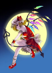  1girl ascot back_bow blonde_hair bow commentary crystal crystal_wings flandre_scarlet frilled_skirt frills full_body full_moon hajimakura hat hat_ribbon highres holding holding_weapon laevatein_(touhou) looking_at_viewer mary_janes mob_cap moon multicolored_wings night one_side_up puffy_short_sleeves puffy_sleeves red_eyes red_skirt red_vest ribbon shoes short_sleeves skirt skirt_set sky solo touhou vest weapon white_bow white_hat wings wrist_cuffs yellow_ascot 