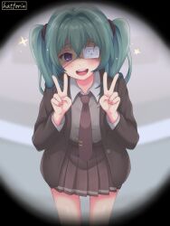  1girl absurdres aqua_hair artist_name blush brown_jacket brown_necktie brown_skirt collared_shirt commentary_request double_v eyepatch freckles hair_between_eyes hair_intakes hatsune_miku hattorin highres jacket long_hair looking_at_viewer medical_eyepatch miniskirt monitoring_(vocaloid) necktie open_mouth pleated_skirt shirt skirt solo sweater teeth tie_clip twintails upper_teeth_only v violet_eyes vocaloid yandere 