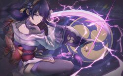  1girl back_bow back_tattoo bow braid bridal_gauntlets commentary_request electricity electro_symbol_(genshin_impact) er_gou_daoren fan_hair_ornament genshin_impact glowing glowing_eye glowing_sword glowing_weapon highres holding holding_sword holding_weapon japanese_clothes katana kimono lingerie long_braid looking_at_viewer looking_to_the_side mitsudomoe_(shape) musou_isshin_(genshin_impact) off_shoulder one_eye_closed purple_background purple_kimono purple_thighhighs raiden_shogun red_sash sash shade single_braid solo sword tattoo thigh-highs tomoe_(symbol) underwear upper_body weapon wide_sleeves 