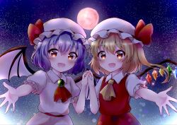  2girls ascot bat_wings blonde_hair blue_hair blush collared_shirt commentary_request crystal crystal_wings flandre_scarlet full_moon hat hat_ribbon highres holding_hands interlocked_fingers looking_at_viewer mob_cap moon multicolored_wings multiple_girls night one_side_up open_mouth puffy_short_sleeves puffy_sleeves red_ascot red_eyes red_skirt red_vest remilia_scarlet ribbon shirt short_hair short_sleeves siblings sisters skirt skirt_set sky smile star_(sky) touhou vest white_hat white_shirt white_skirt wings yellow_ascot yukishiro_yayoi 
