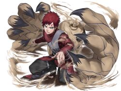  1boy black_pants clenched_hand forehead_tattoo gaara_(naruto) green_eyes jacket looking_at_viewer lower_teeth_only naruto_(series) naruto_shippuuden:_ultimate_ninja_blazing official_art open_mouth pants red_hair red_jacket short_hair solo squatting tattoo teeth 