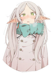 1girl :o blue_scarf blush border breath commentary eitopondo elf frieren green_eyes highres jacket long_hair long_sleeves open_mouth parted_bangs pointy_ears round_border scarf simple_background solo sousou_no_frieren twintails upper_body very_long_hair white_background white_hair white_jacket 