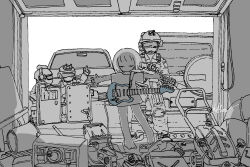  1girl 3others absurdres amplifier barefoot commentary effects_pedal electric_guitar garage greyscale guitar gun helmet highres holding holding_gun holding_weapon instrument kaduise lawnmower monochrome multiple_others no_pants original outstretched_arms parody parody_request shield shirt short_hair short_sleeves signature soldier spot_color spread_arms t-shirt weapon 
