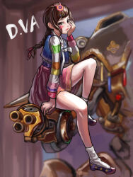 1girl alternate_hairstyle black_shoes blue_jeogori braid brown_eyes brown_hair character_name commentary_request d.va_(overwatch) facial_mark foot_dangle from_side gomusin hair_ornament hanbok hand_on_own_cheek hand_on_own_face highres hyuu_(sing-dog) jeogori_(clothes) knee_up korean_clothes long_hair long_sleeves looking_at_viewer meka_(overwatch) miniskirt official_alternate_costume overwatch palanquin_d.va pink_skirt shoes single_braid sitting skirt socks solo striped_sleeves whisker_markings white_socks 