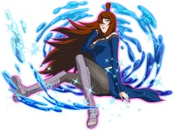  1girl blue_dress boots brown_hair dress fishnet_pantyhose fishnets green_eyes hair_over_one_eye long_hair looking_at_viewer naruto_(series) naruto_shippuuden:_ultimate_ninja_blazing official_art open-toe_boots pantyhose purple_boots sparkle terumi_mei 