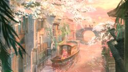  1girl absurdres animal architecture argyle_clothes argyle_dress artist_request bloom_poetry_(shining_nikki) bow bowtie bridge brown_eyes cat cherry_blossoms cloak clothed_animal clothes_writing clouds commentary dress ear_covers east_asian_architecture english_commentary eyelashes floating_hair flower frilled_sleeves frills full_body hand_fan happy highres holding holding_fan hood hood_up hooded_cloak long_hair long_sleeves looking_ahead lying momo_(nikki) nikki_(nikki) nikki_(series) official_art official_wallpaper on_stomach open_mouth orange_sky outdoors people pinafore_dress pink_dress pink_hair red_bow red_bowtie reflection reflective_liquid river scenery shining_nikki shirt short_dress sky sleeveless sleeveless_dress sleeves_past_wrists smile spring_(season) sun sunset town tuanshan very_long_hair white_cat white_flower white_shirt wide_shot willow wind yellow_cloak 